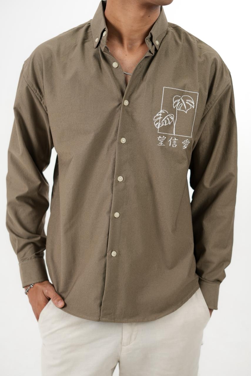 Olive Brown Drop Shoulder Print Shirt