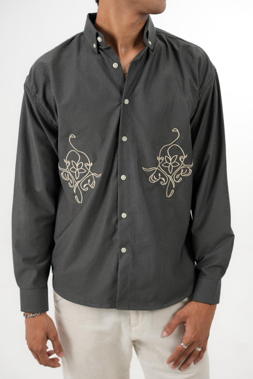 Grey Drop Shoulder Twin Embroidery Shirt