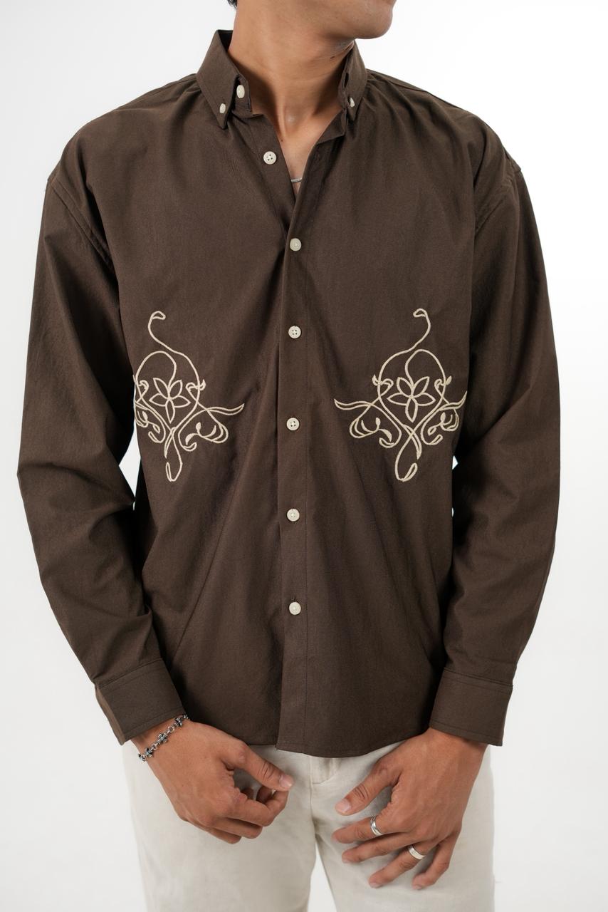 Brown Drop Shoulder Twin Embroidery Shirt