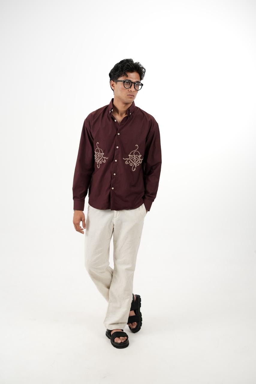 Meroon Drop Shoulder Twin Embroidery Shirt