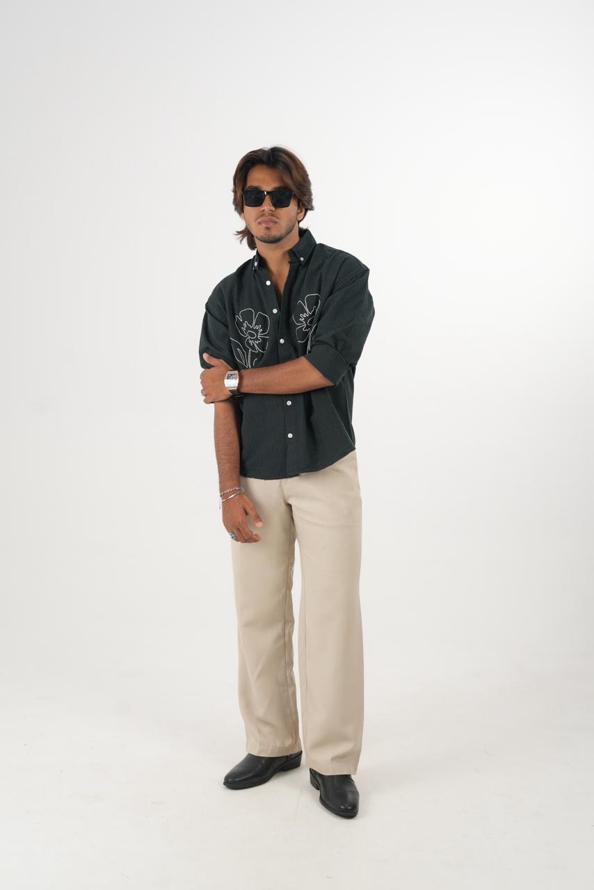 Black Oxford Stripe Shirt with embroidery