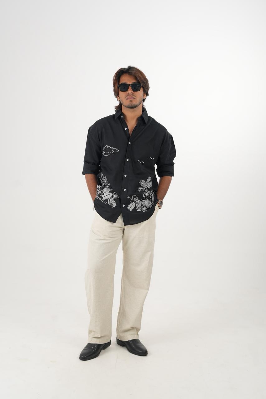 Black Oversized Drop Shoulder Embroidered Linen Shirt