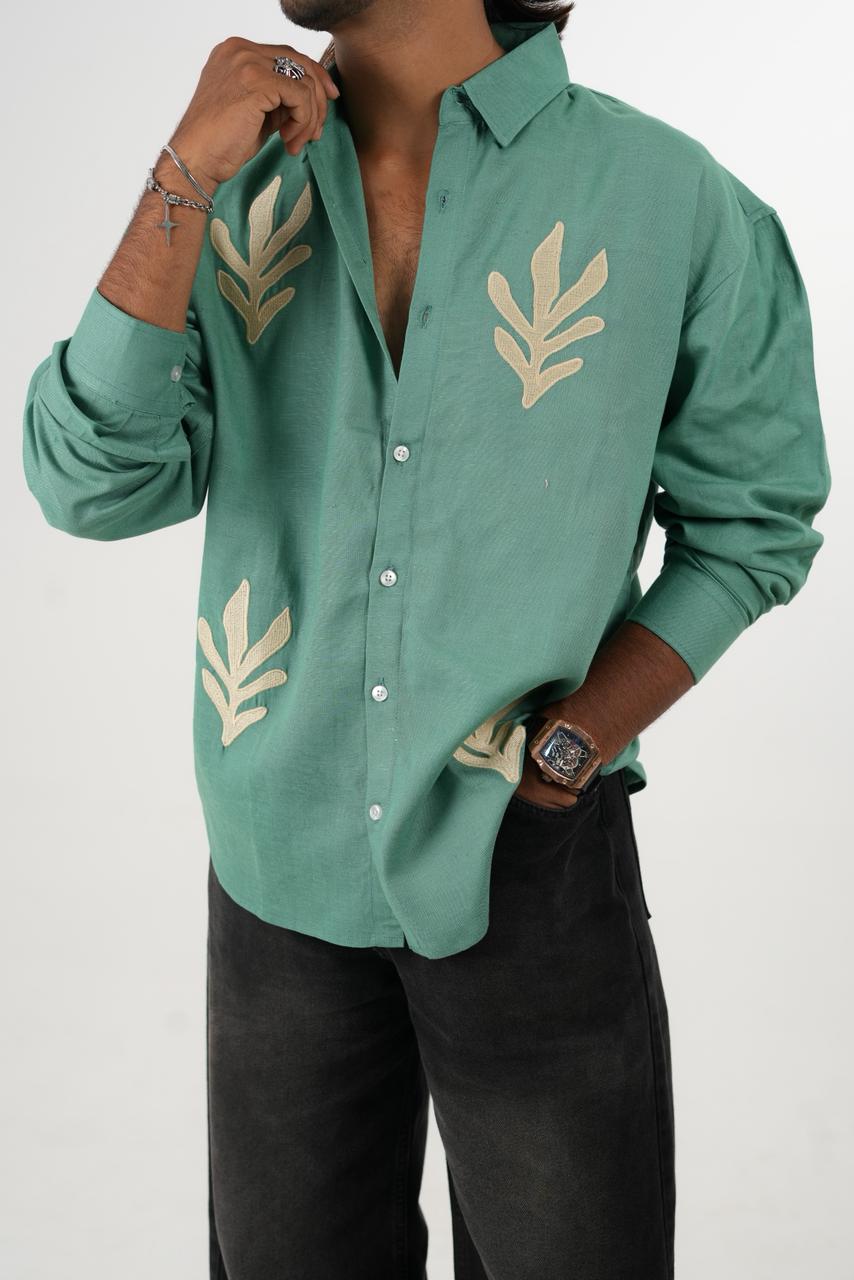 Sea Green Oversized Linen Shirt with embroidery
