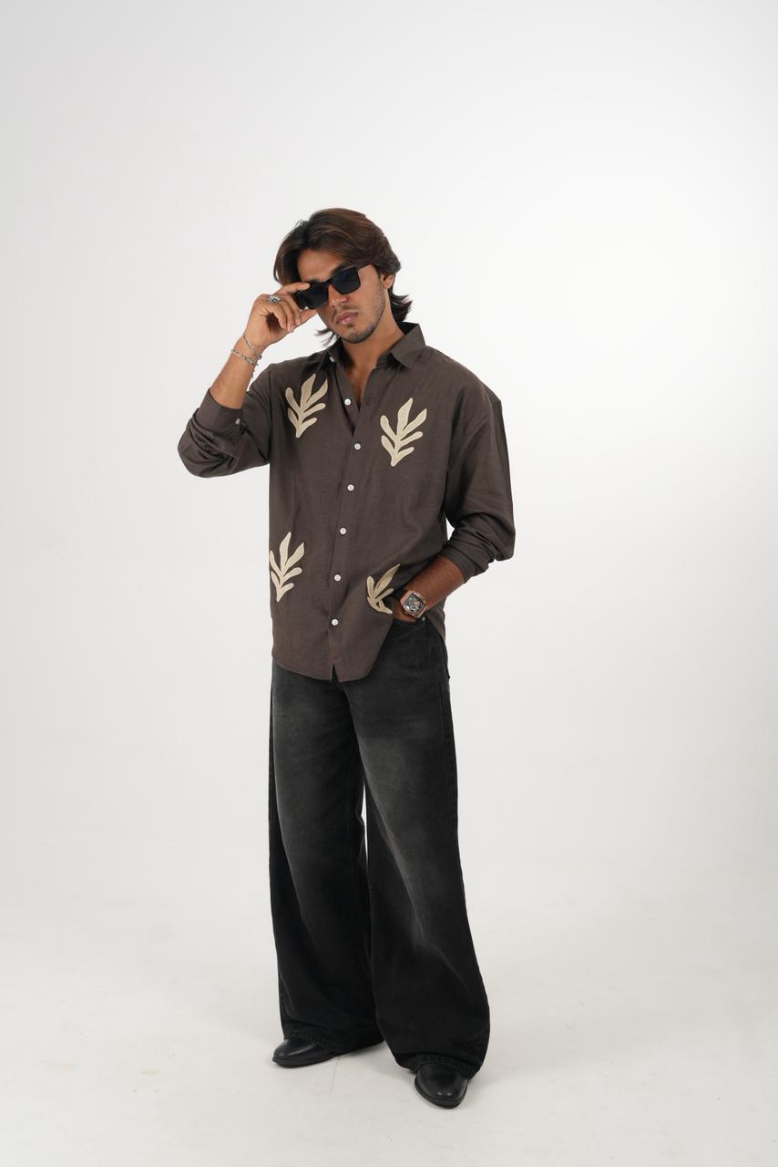 Charcoal Brown Oversized Linen Shirt with embroidery