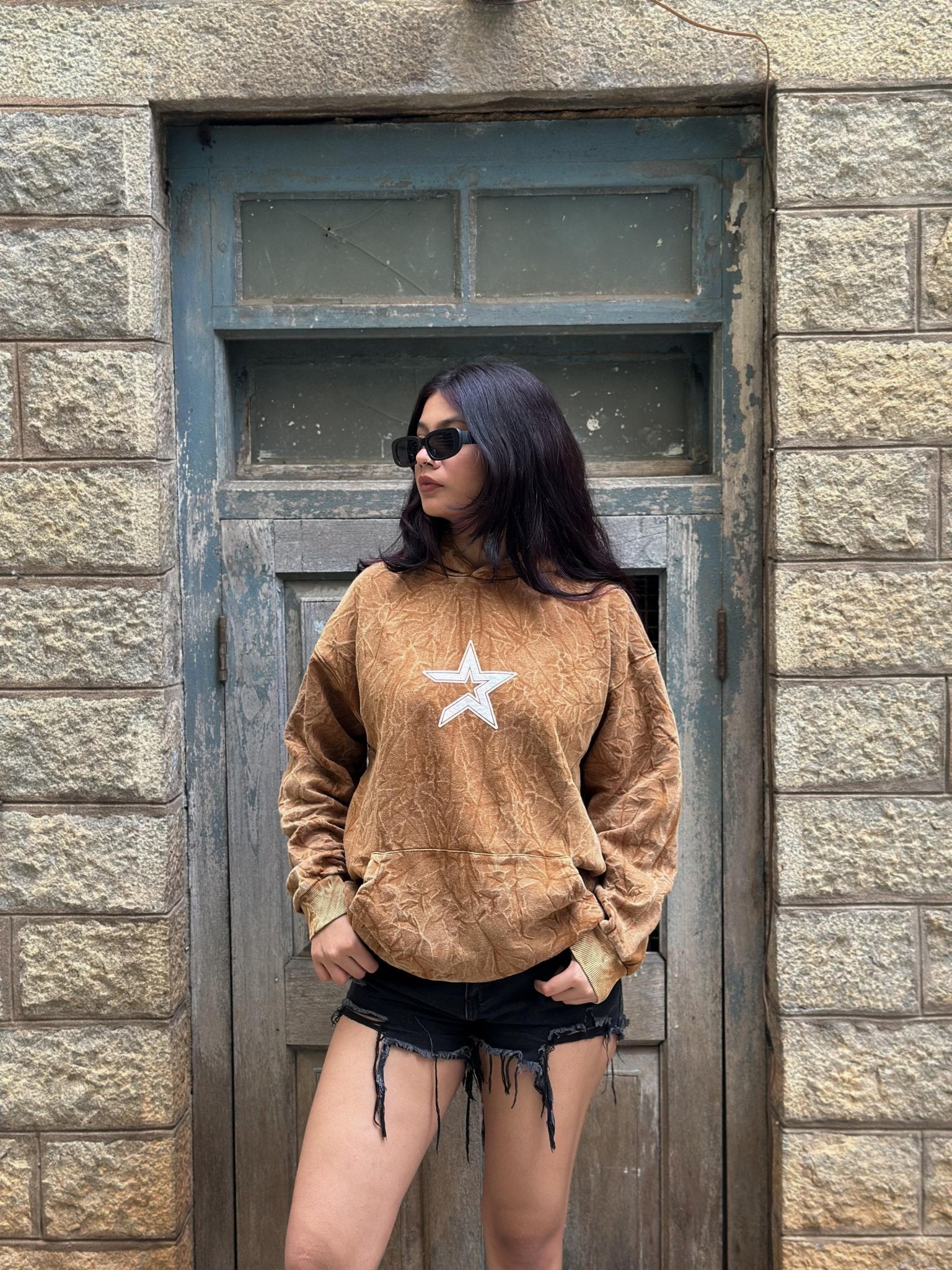 Down Shoulder Marble Washed Hoodies With Puff Print - My Store