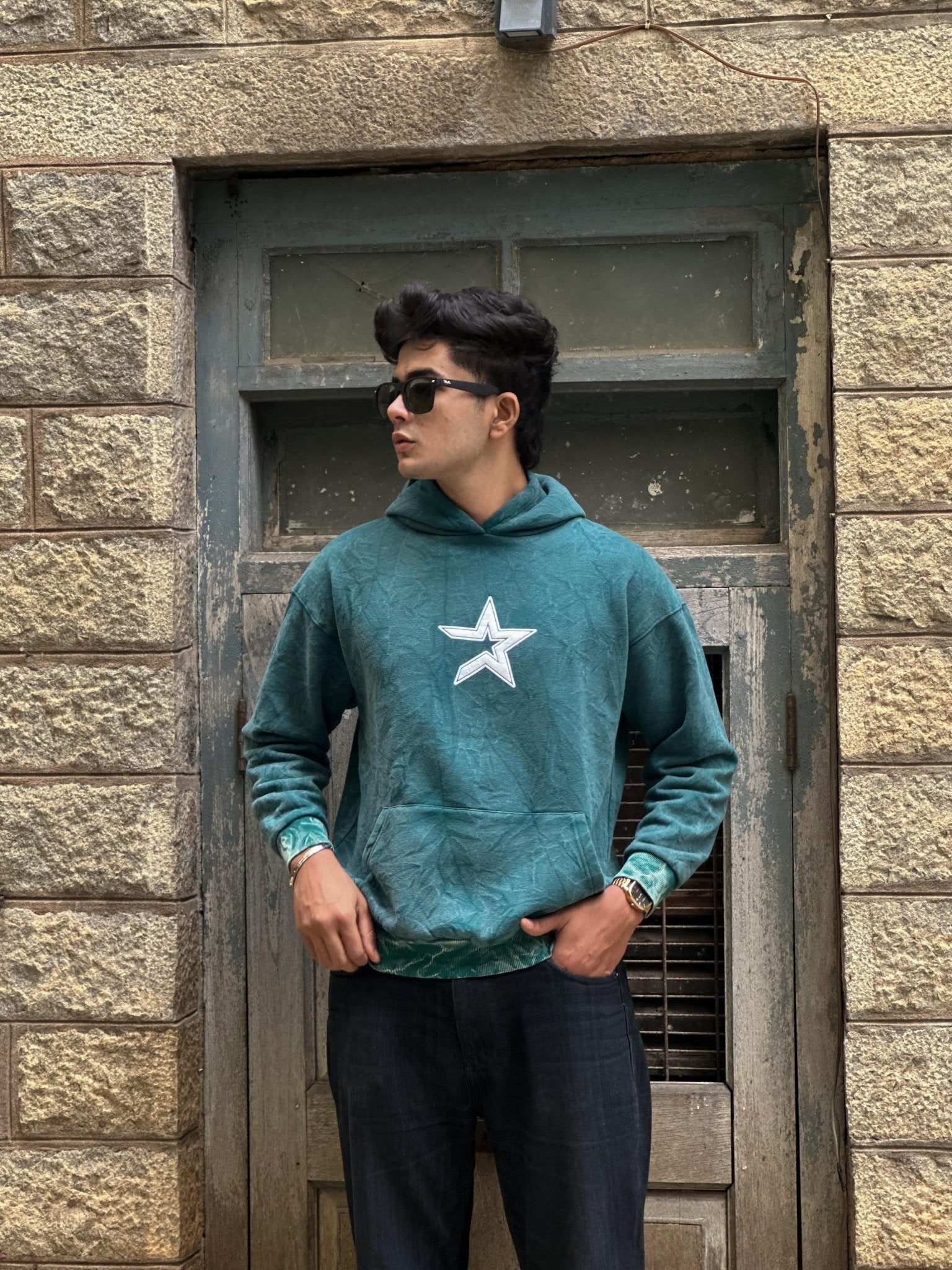 Down Shoulder Marble Washed Hoodies With Puff Print - My Store