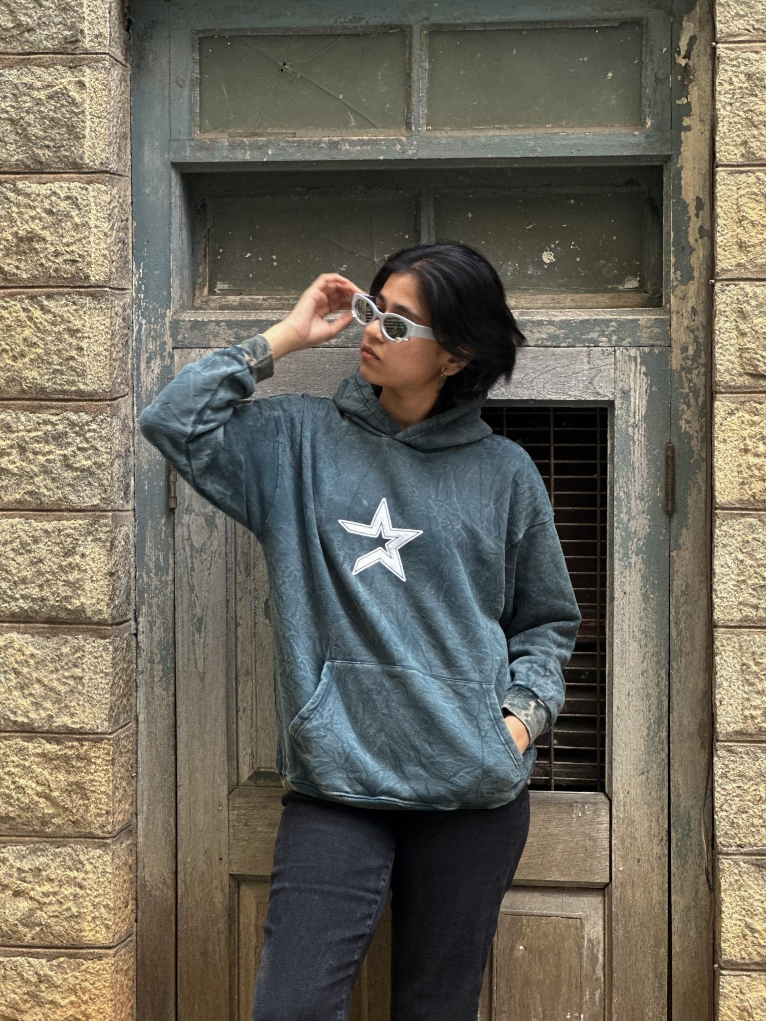 Down Shoulder Marble Washed Hoodies With Puff Print - My Store