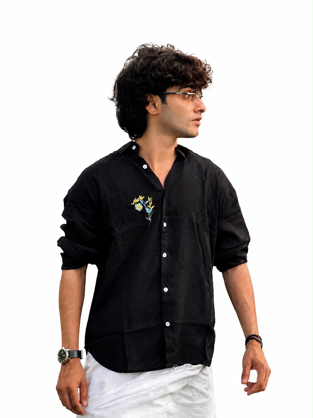 FULL SLEEVE LINEN OVERSIZED SHIRT WITH EMBROIDERY – BLACK