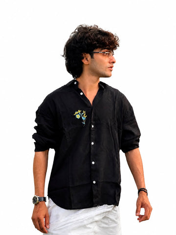 FULL SLEEVE LINEN OVERSIZED SHIRT WITH EMBROIDERY – BLACK