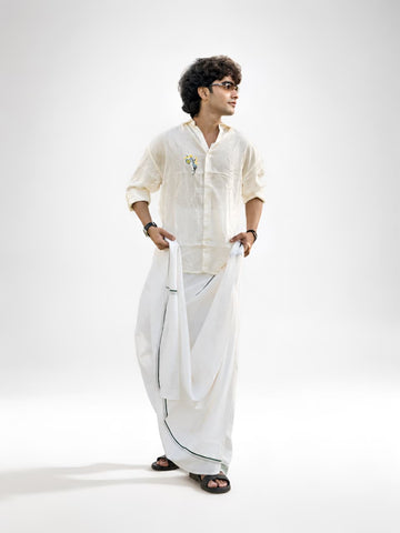 FULL SLEEVE LINEN OVERSIZED SHIRT WITH EMBROIDERY – CREAM