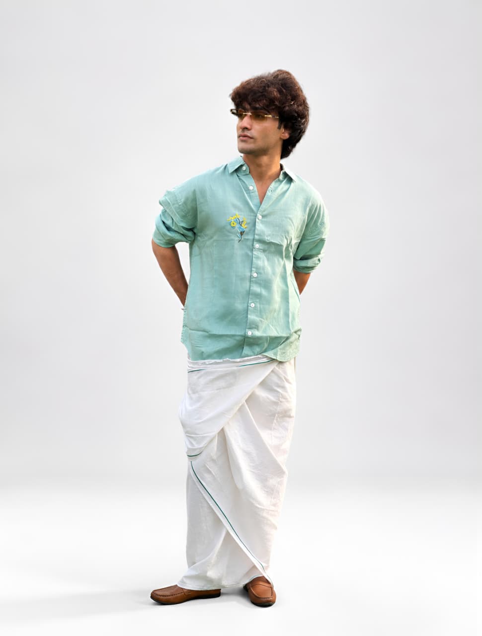FULL SLEEVE LINEN OVERSIZED SHIRT WITH EMBROIDERY – MINT GREEN