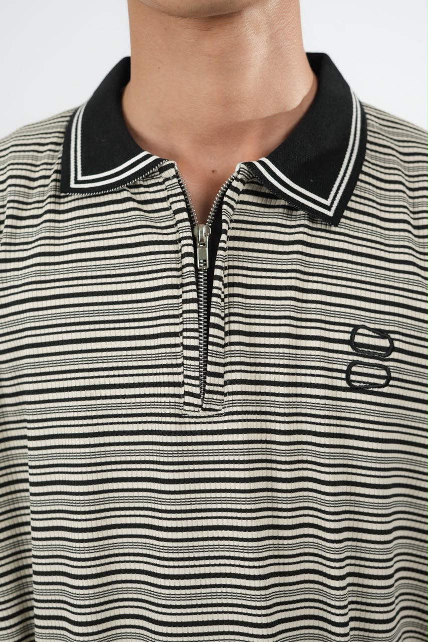 IMP CHARCOAL BLACK COLLAR STRIPES OVERSIZED T-SHIRT