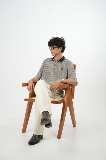 IMP CHARCOAL BLACK COLLAR STRIPES OVERSIZED T-SHIRT
