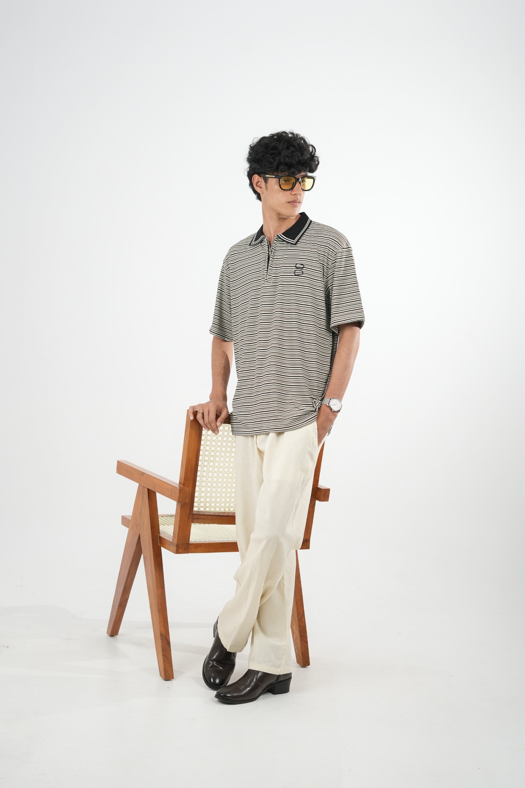 IMP CHARCOAL BLACK COLLAR STRIPES OVERSIZED T-SHIRT
