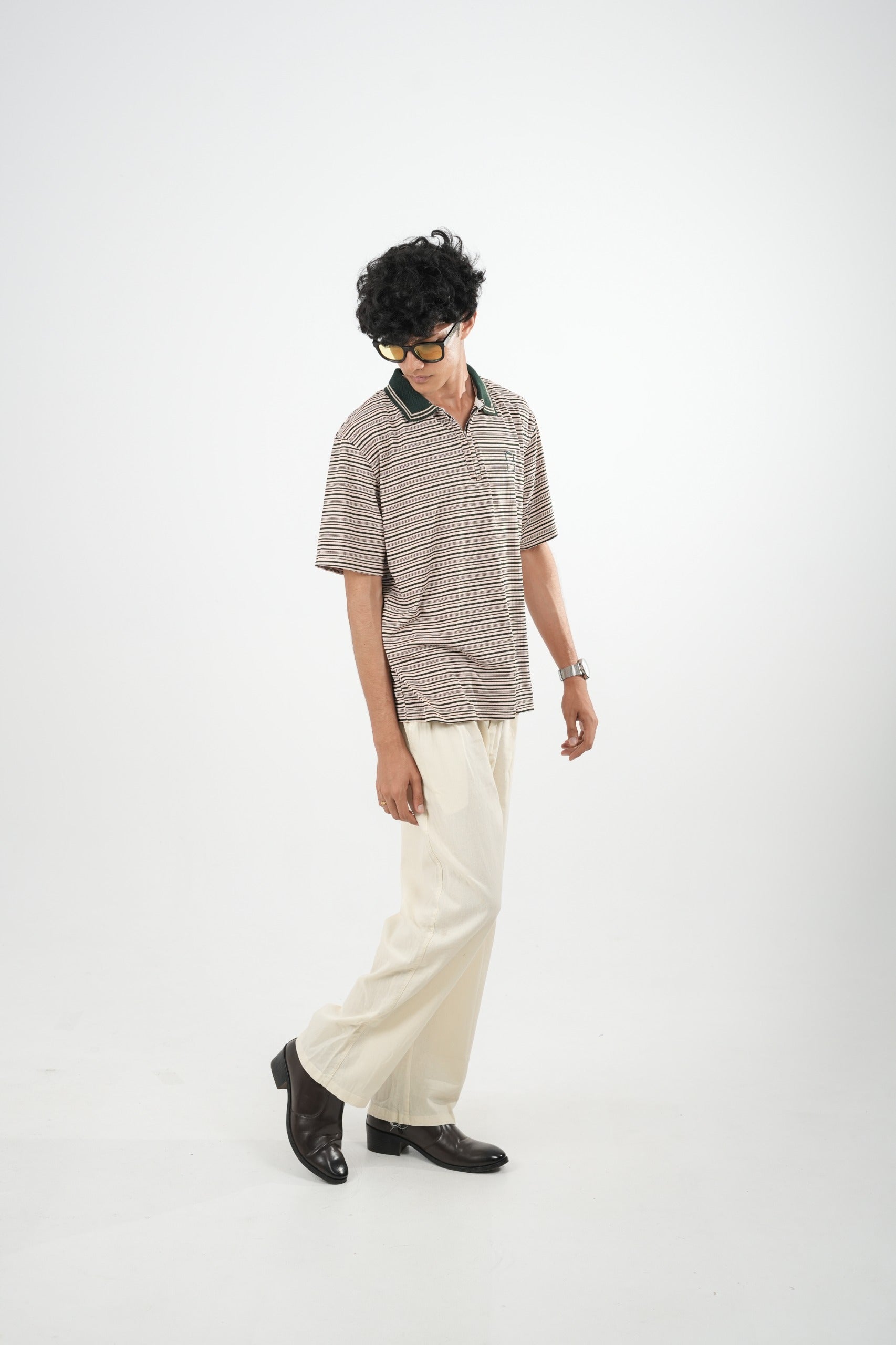 IMP DARK GREEN COLLAR STRIPES OVERSIZED T-SHIRT