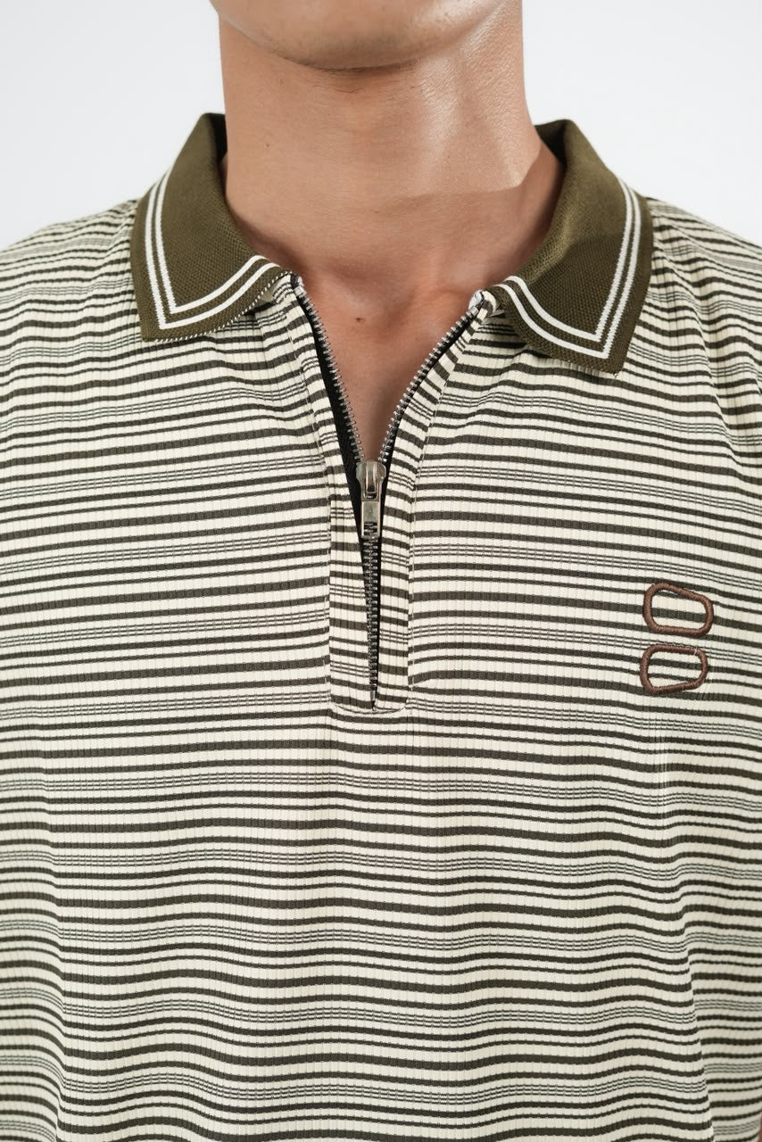 IMP OLIVE GREEN COLLAR STRIPES OVERSIZED T-SHIRT