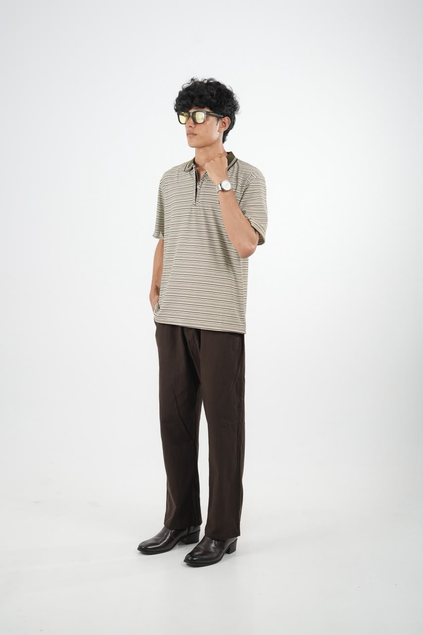 IMP OLIVE GREEN COLLAR STRIPES OVERSIZED T-SHIRT