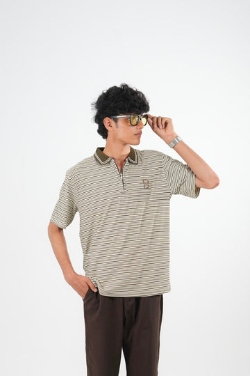 IMP OLIVE GREEN COLLAR STRIPES OVERSIZED T-SHIRT