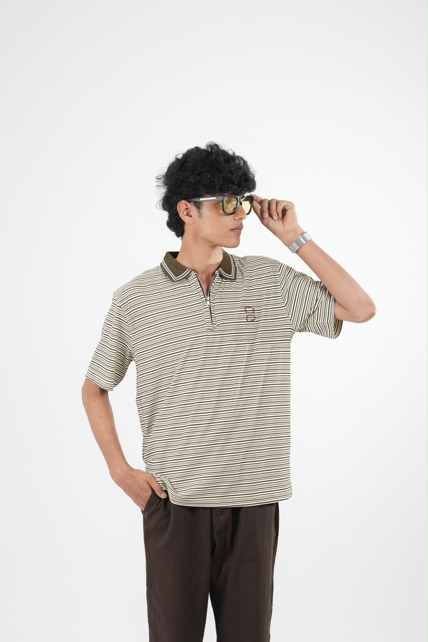 IMP OLIVE GREEN COLLAR STRIPES OVERSIZED T-SHIRT