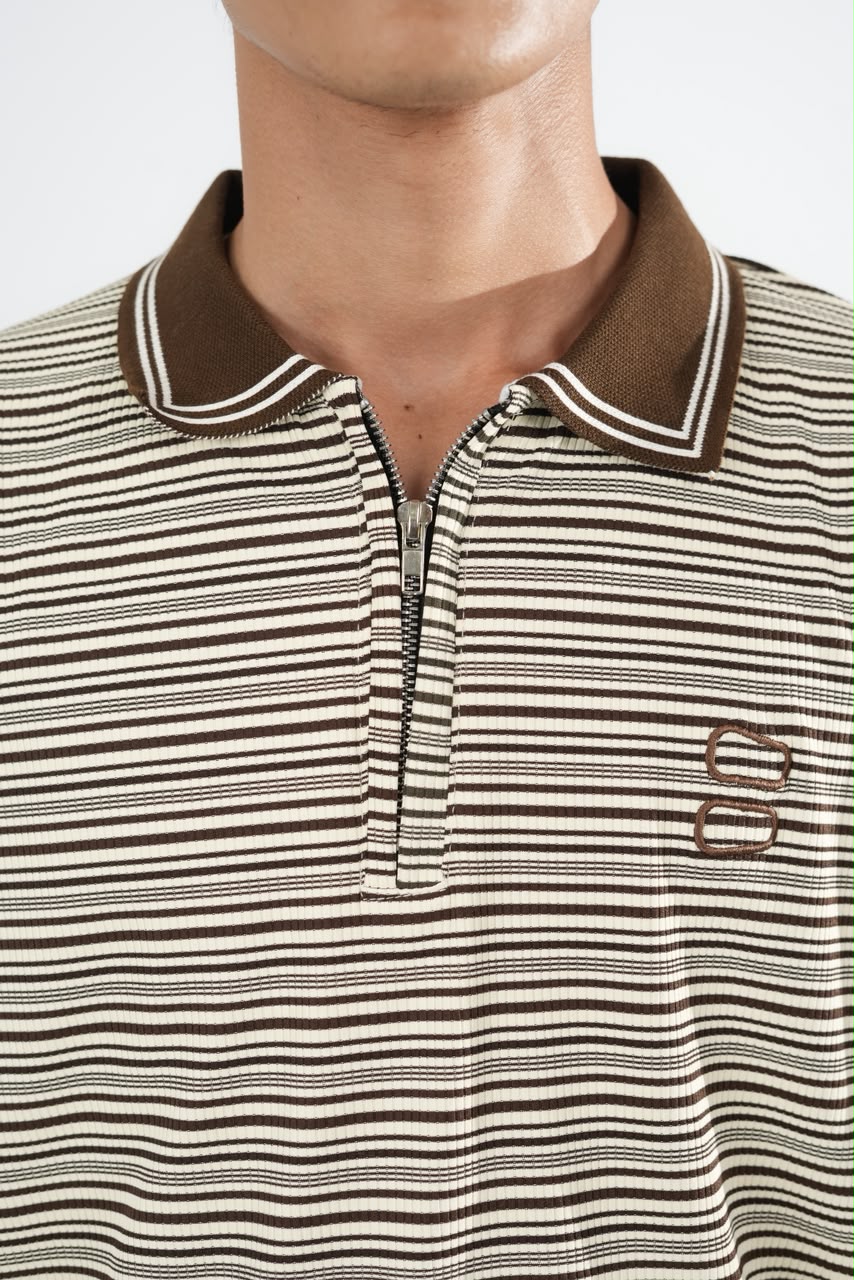 IMP TAN BROWN COLLAR STRIPES OVERSIZED T-SHIRT