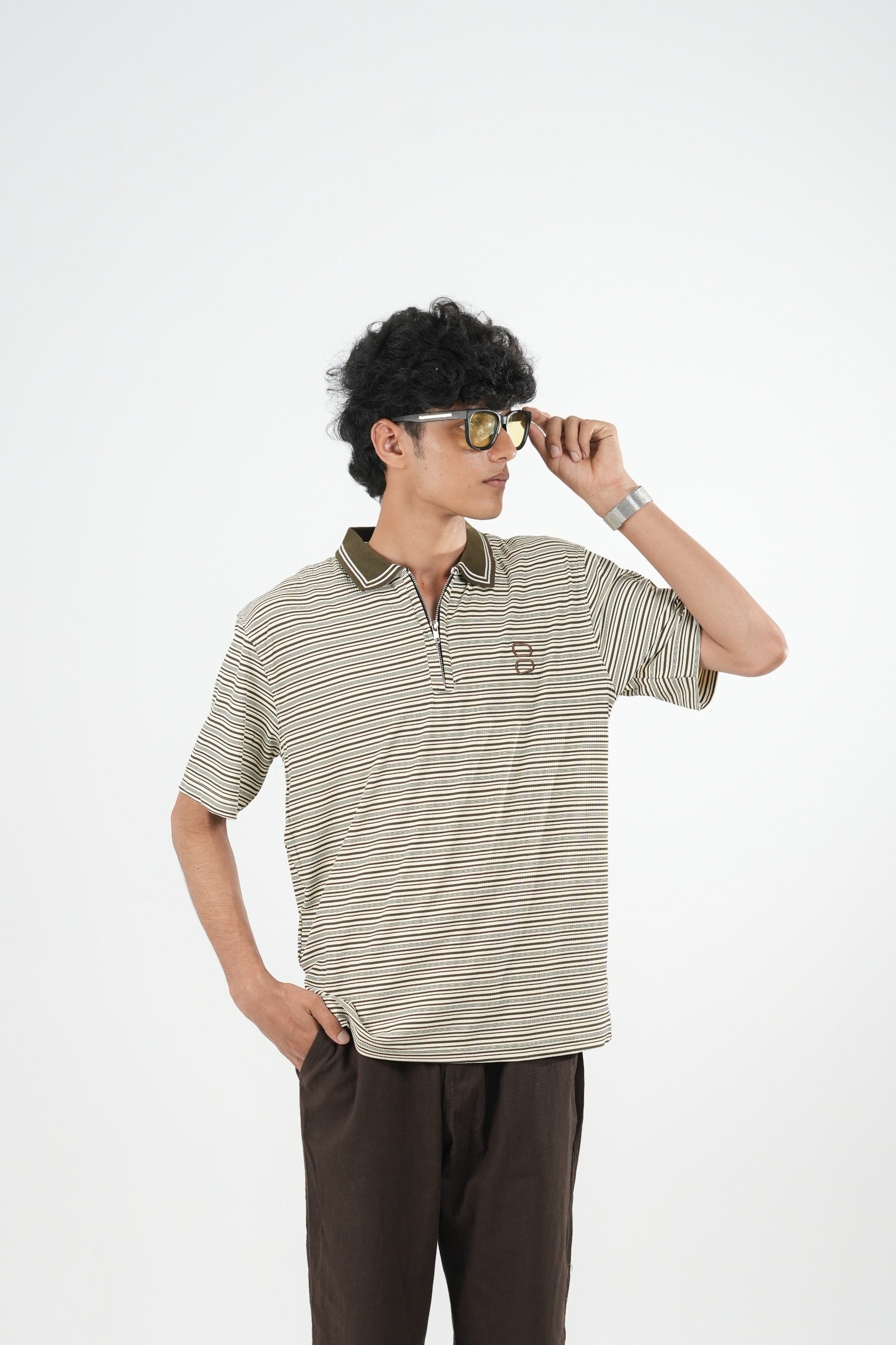IMP TAN BROWN COLLAR STRIPES OVERSIZED T-SHIRT