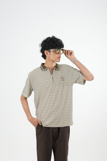 IMP TAN BROWN COLLAR STRIPES OVERSIZED T-SHIRT