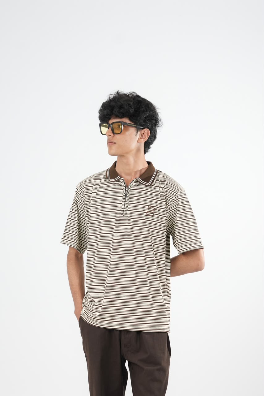 IMP TAN BROWN COLLAR STRIPES OVERSIZED T-SHIRT