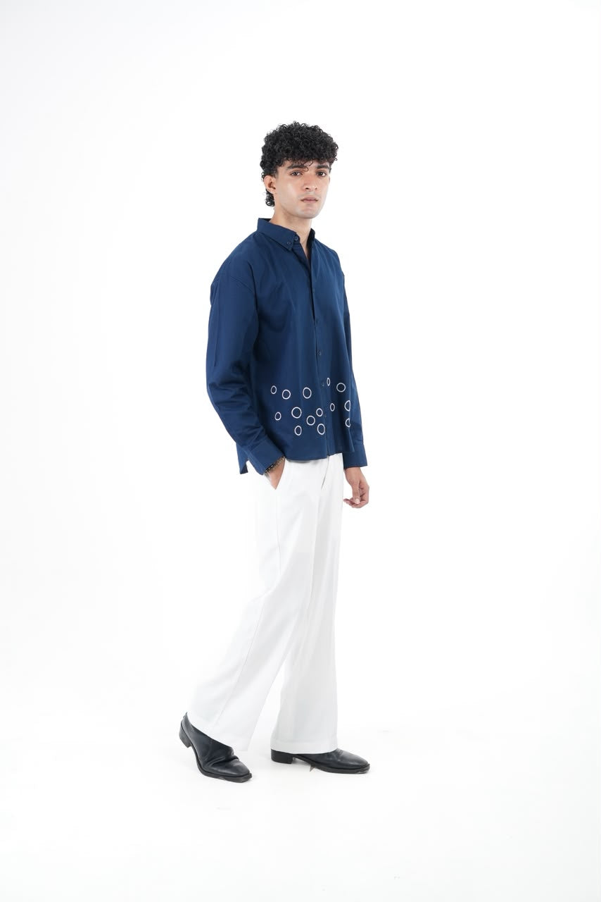 LINEN NAVY BLUE EMBROIDERY SHIRT