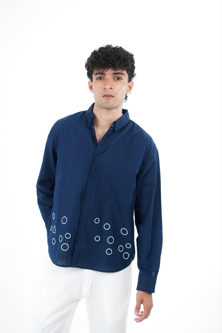 LINEN NAVY BLUE EMBROIDERY SHIRT