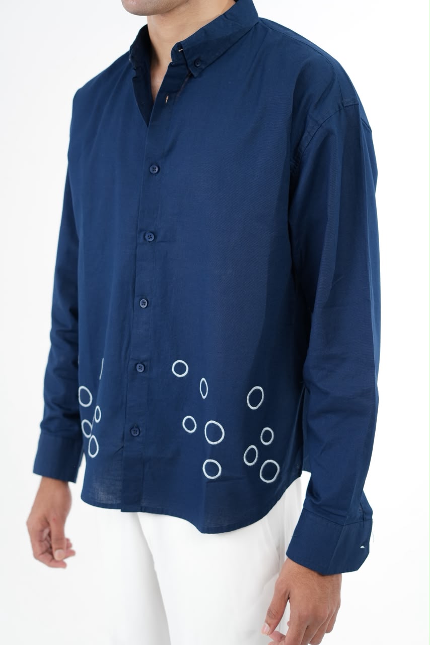 LINEN NAVY BLUE EMBROIDERY SHIRT