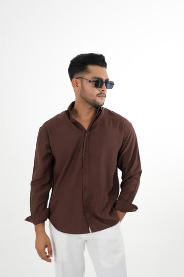 LINEN SLUB CHOCOLATE BROWN DROP SHOULDER SHIRT