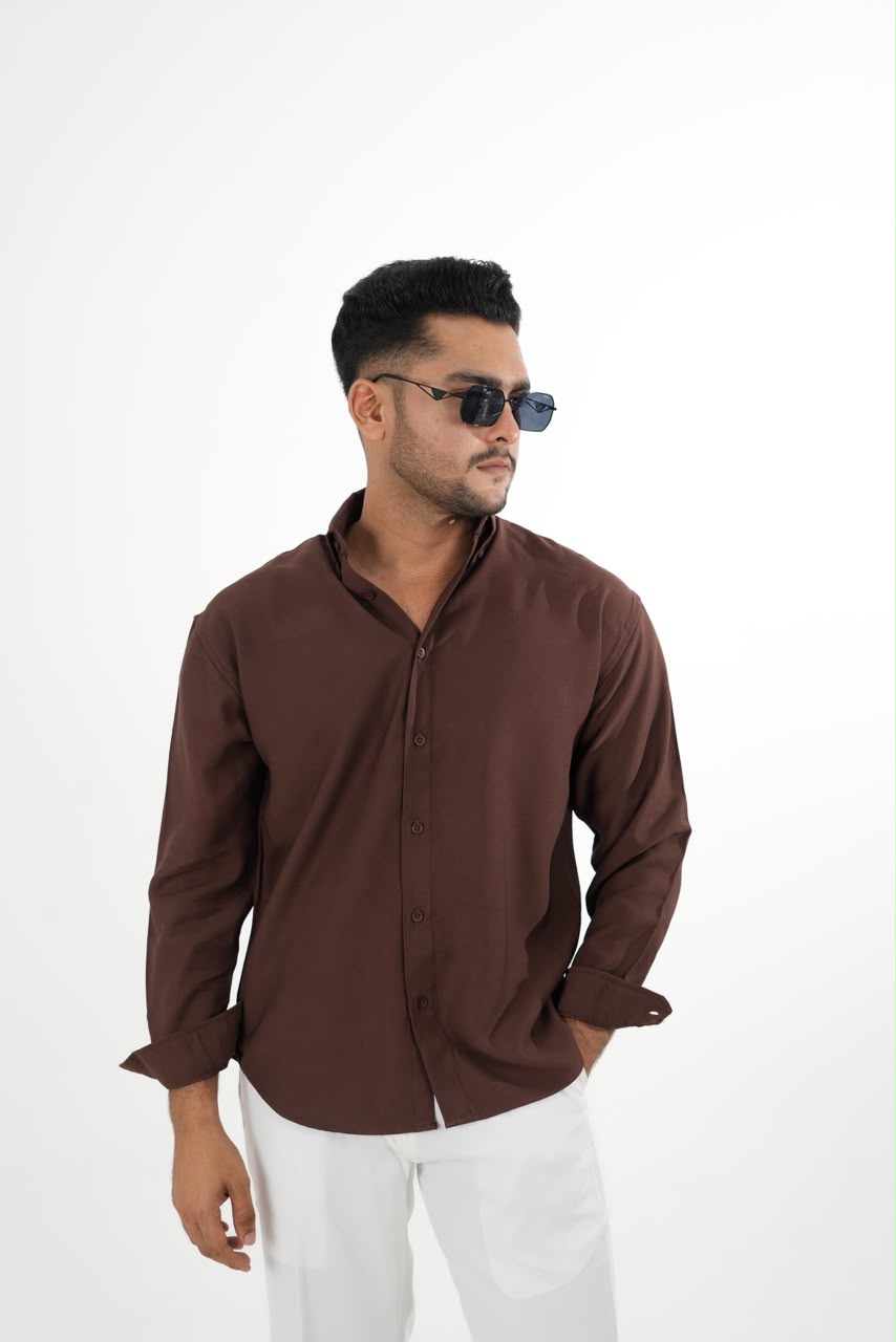 LINEN SLUB CHOCOLATE BROWN DROP SHOULDER SHIRT