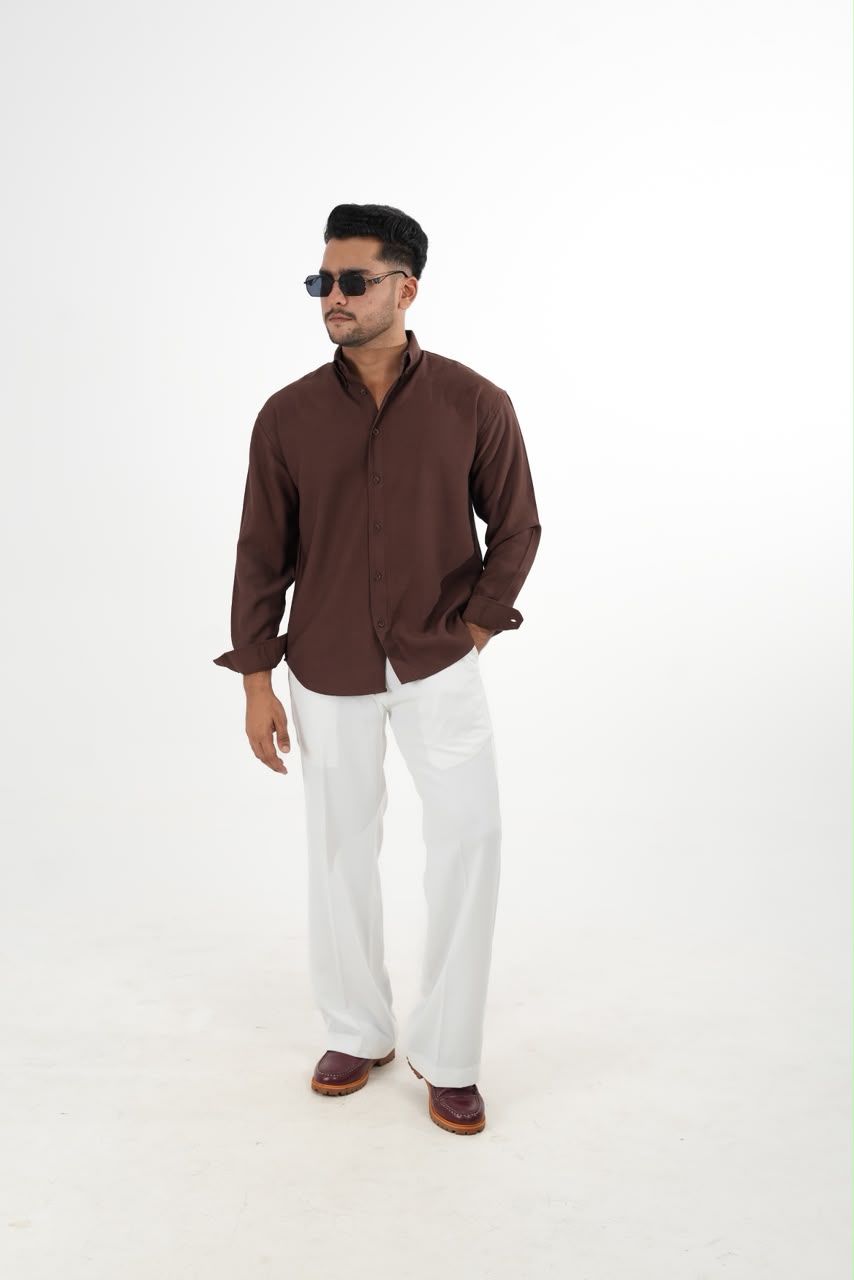 LINEN SLUB CHOCOLATE BROWN DROP SHOULDER SHIRT