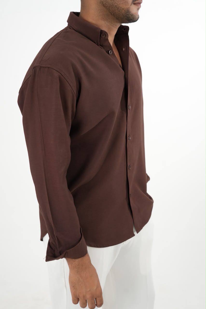 LINEN SLUB CHOCOLATE BROWN DROP SHOULDER SHIRT