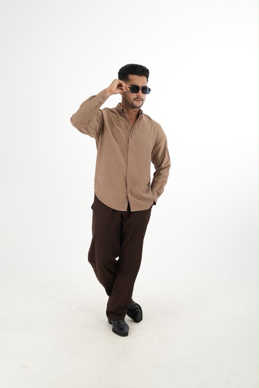 LINEN SLUB KHAKI DROP SHOULDER SHIRT