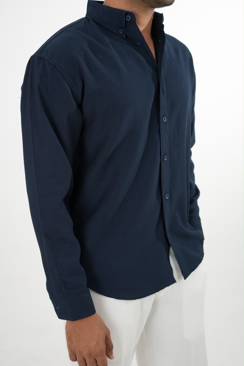 LINEN SLUB NAVY BLUE DROP SHOULDER SHIRT