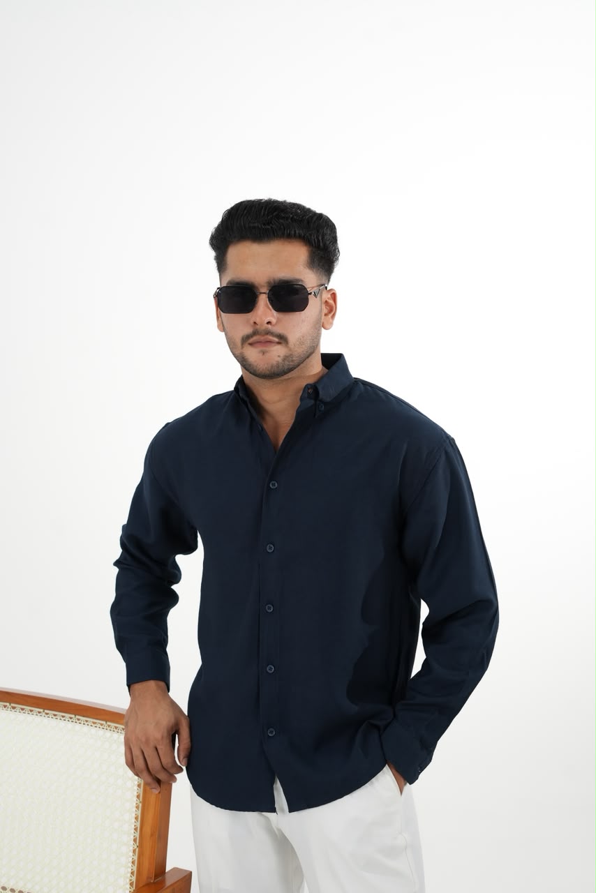 LINEN SLUB NAVY BLUE DROP SHOULDER SHIRT