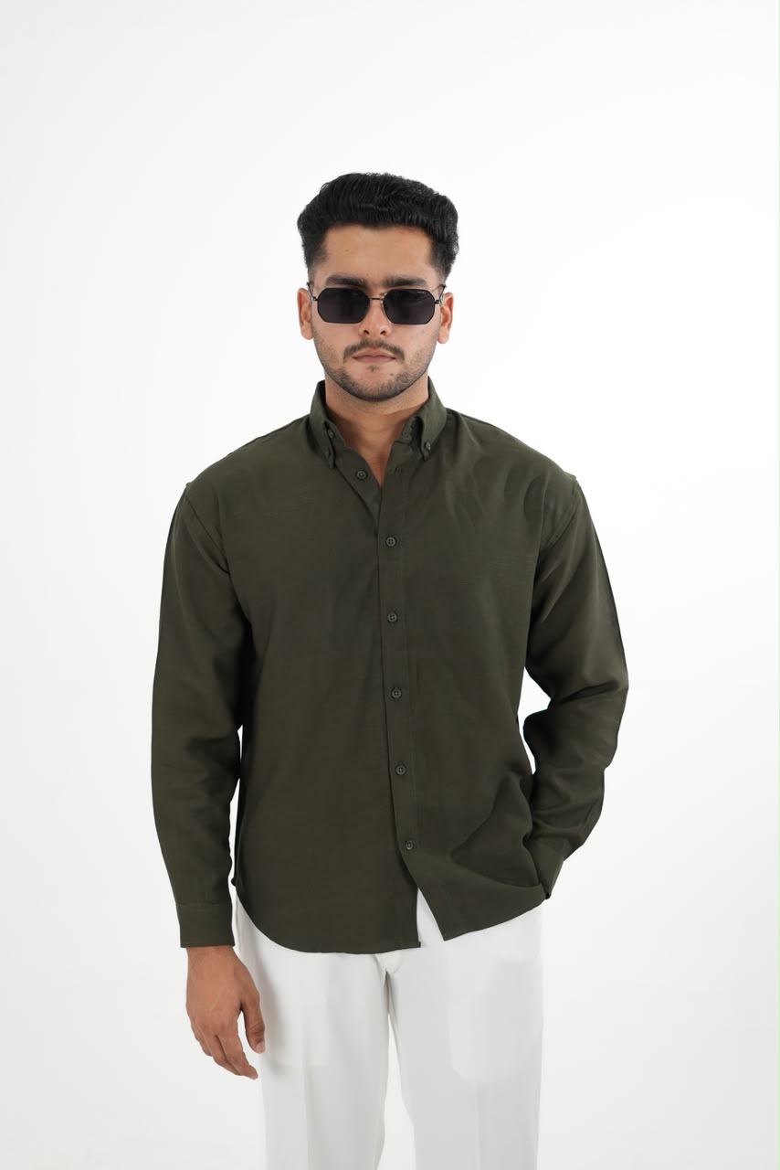 LINEN SLUB OLIVE GREEN DROP SHOULDER SHIRT