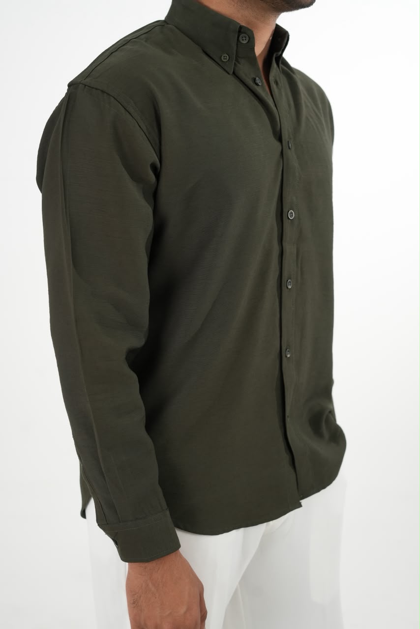 LINEN SLUB OLIVE GREEN DROP SHOULDER SHIRT
