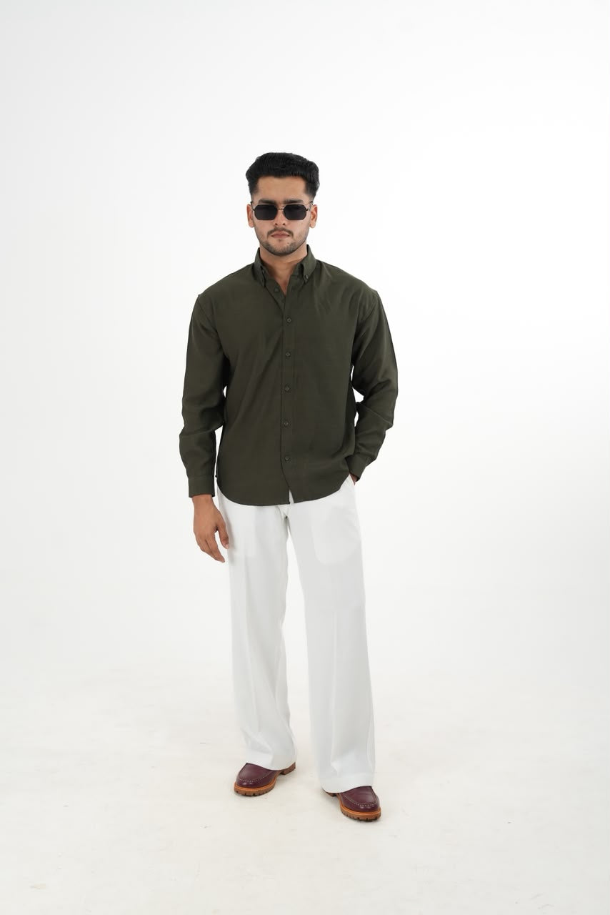 LINEN SLUB OLIVE GREEN DROP SHOULDER SHIRT