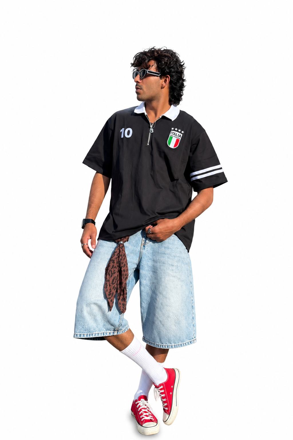 NATIONAL TEAM BLACK FIVE SLEEVE COLLAR T-SHIRT WITH EMBROIDERY
