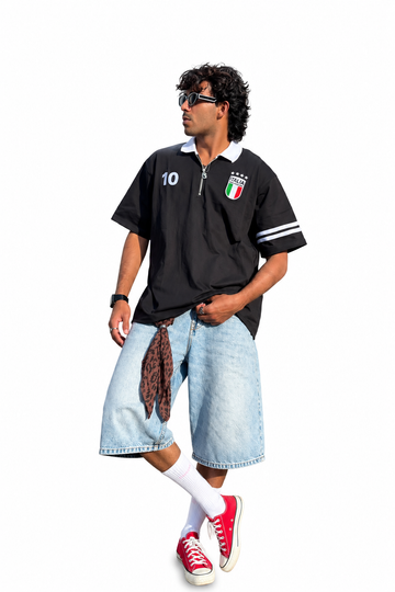 NATIONAL TEAM BLACK FIVE SLEEVE COLLAR T-SHIRT WITH EMBROIDERY