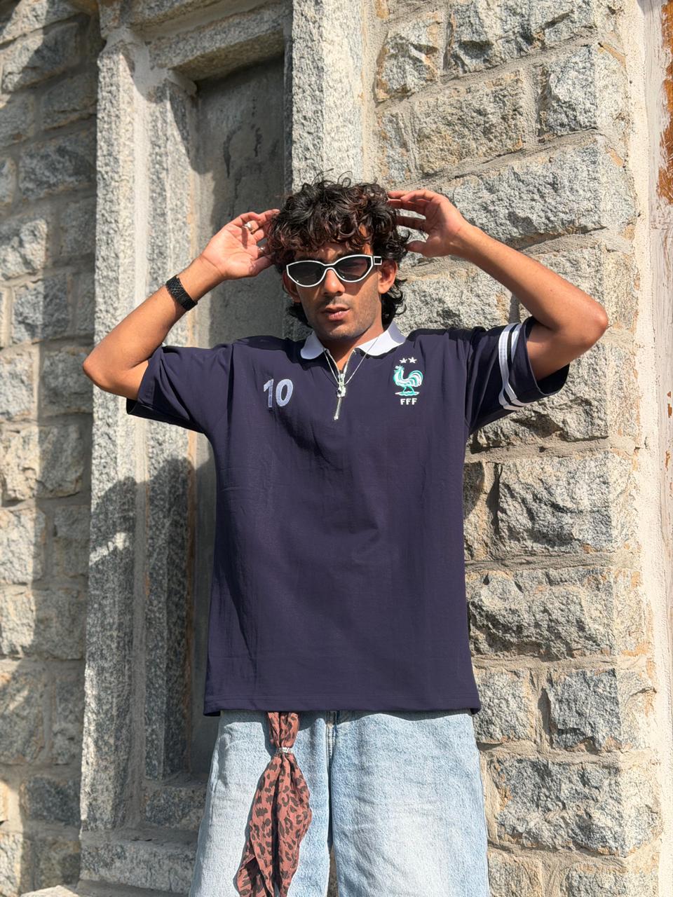 NATIONAL TEAM NAVY BLUE FIVE SLEEVE COLLAR T-SHIRT WITH EMBROIDERY