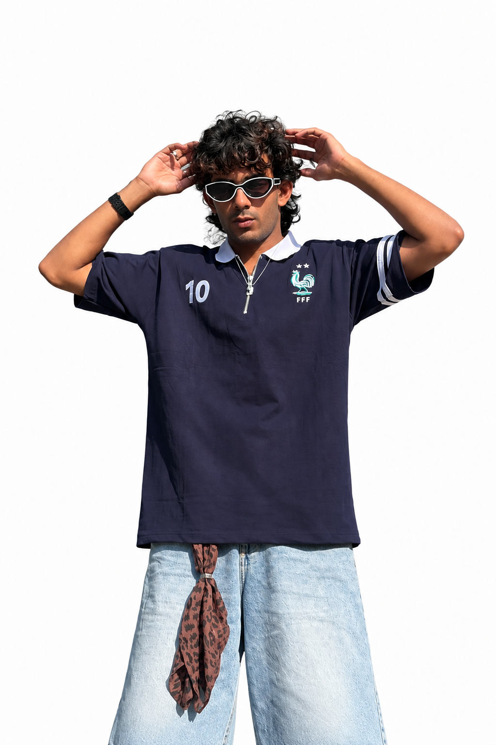 NATIONAL TEAM NAVY BLUE FIVE SLEEVE COLLAR T-SHIRT WITH EMBROIDERY