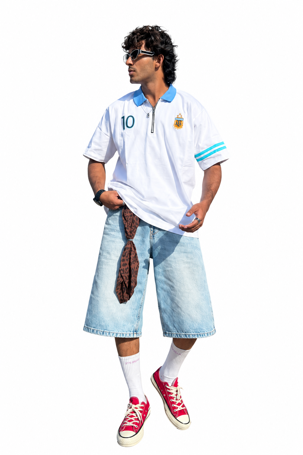 NATIONAL TEAM WHITE FIVE SLEEVE COLLAR T-SHIRT WITH EMBROIDERY