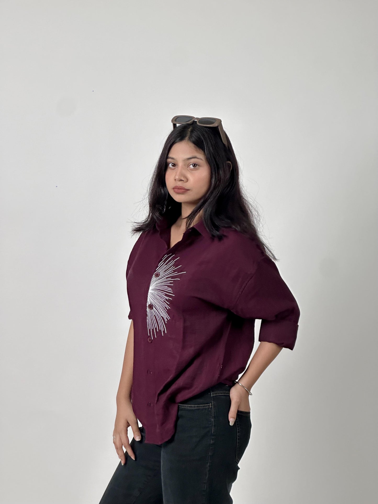 FULL SLEEVE OVERSEIZED SHIRT  WITH EMPROIDERY IMP LINEN