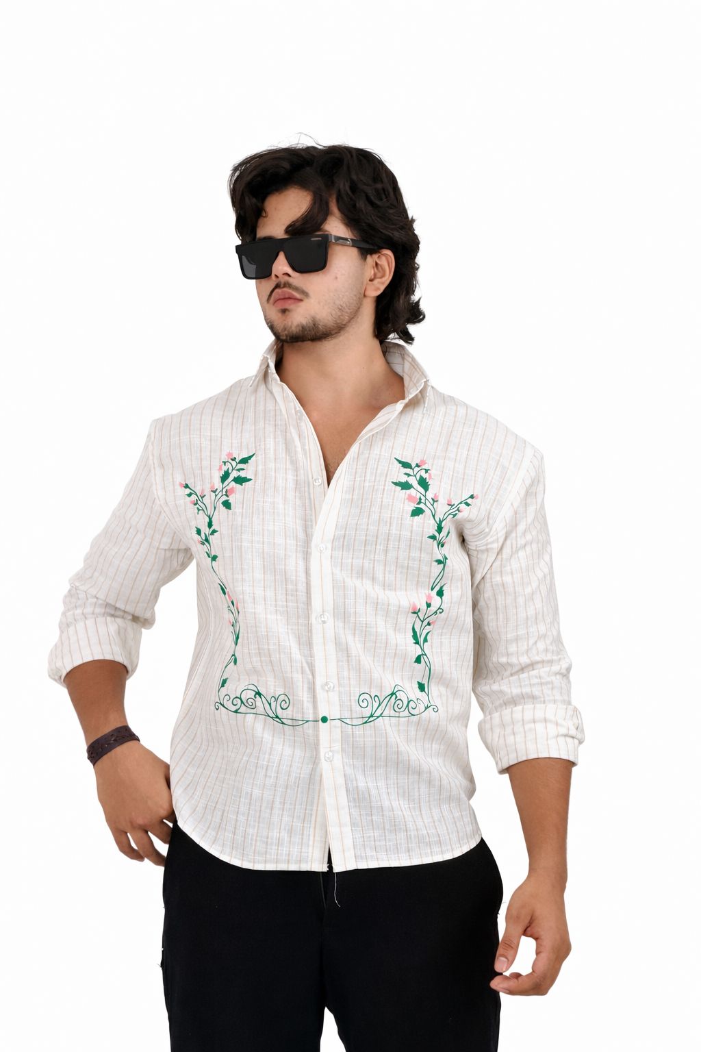 Overseized down shoulder striped shirt with print