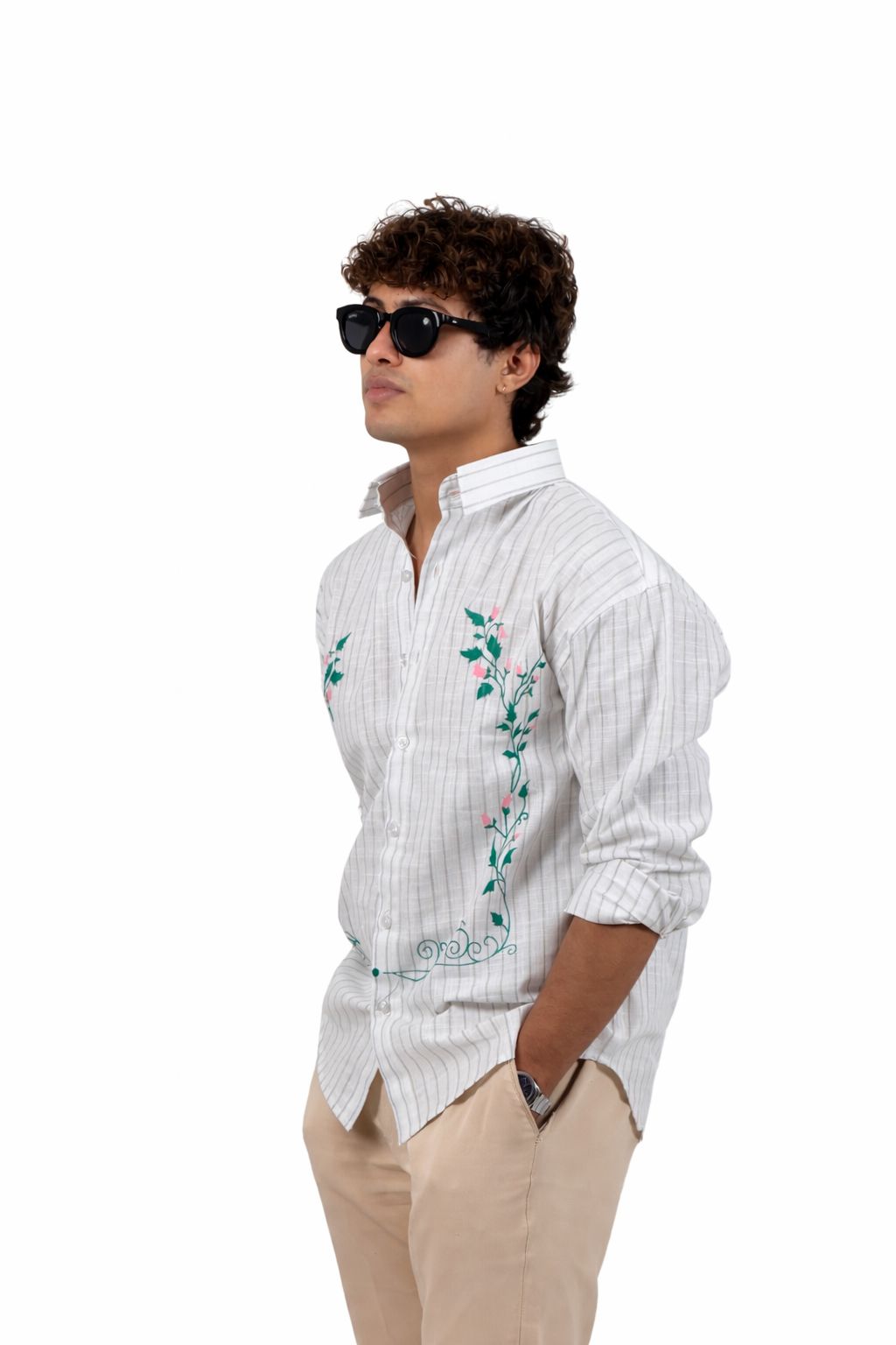 Overseized down shoulder striped shirt with print