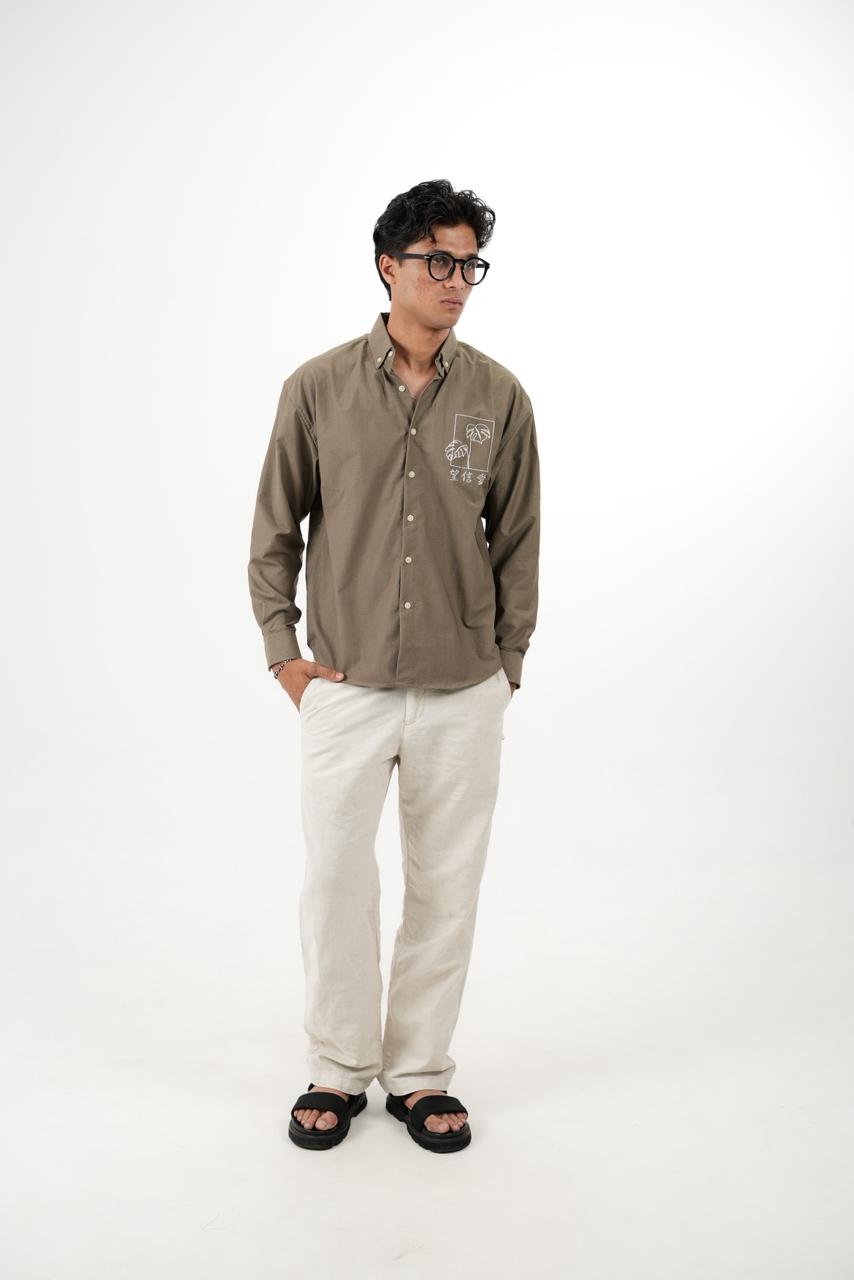 Olive Brown Drop Shoulder Print Shirt
