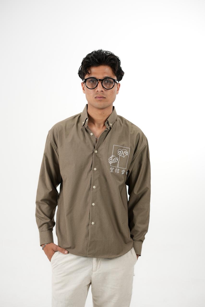Olive Brown Drop Shoulder Print Shirt